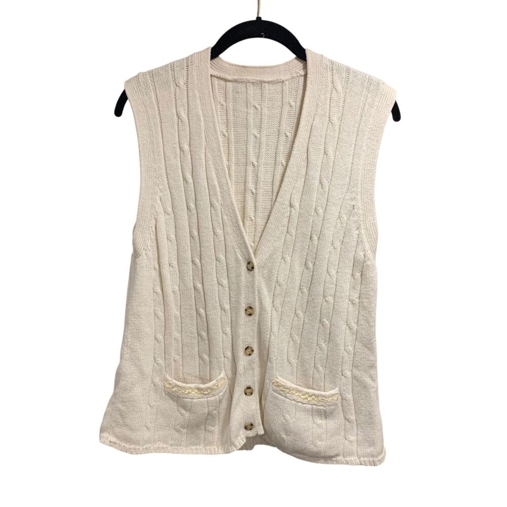 Vintage Womens Cream Cable Knit Sweater Vest L Button Front Pockets Sleeveless